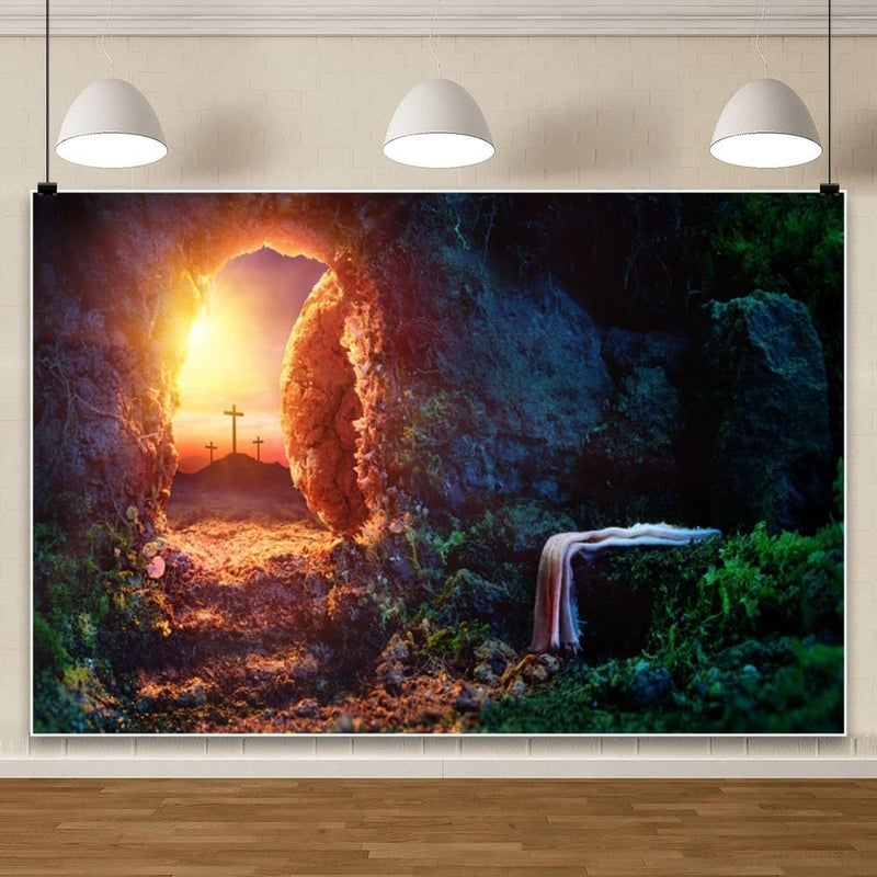 Leowefowa 9x6ft Resurrection of Jesus Backdrop Easter Sunrise Holy Light Empty Tomb Remote Peak Three Crosses Background for Photo Bible Story Church Mural Sanctuary Decor Christianity Wallpeper - Image 5